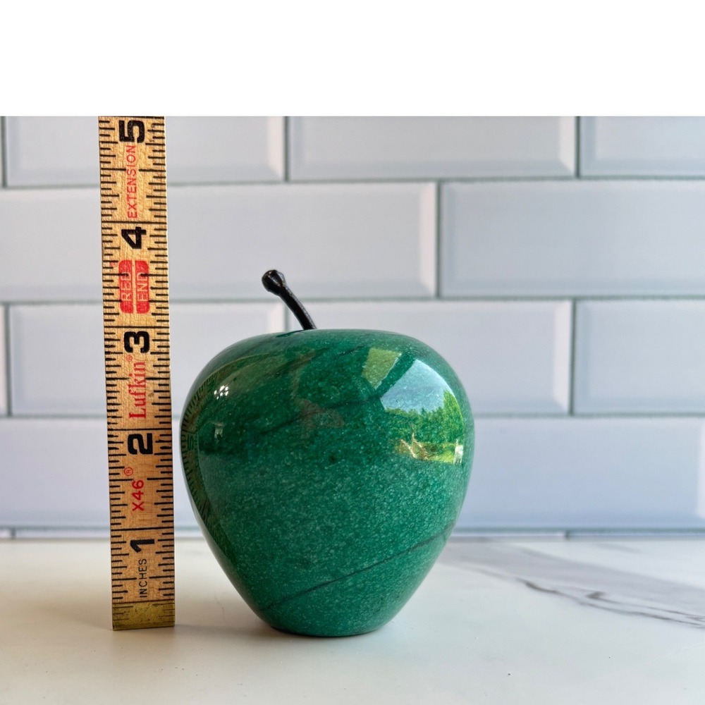 Vintage Green Marble Apple Paperweight Solid Stone Desk Decor with Stem Boxed - Picture 7 of 7